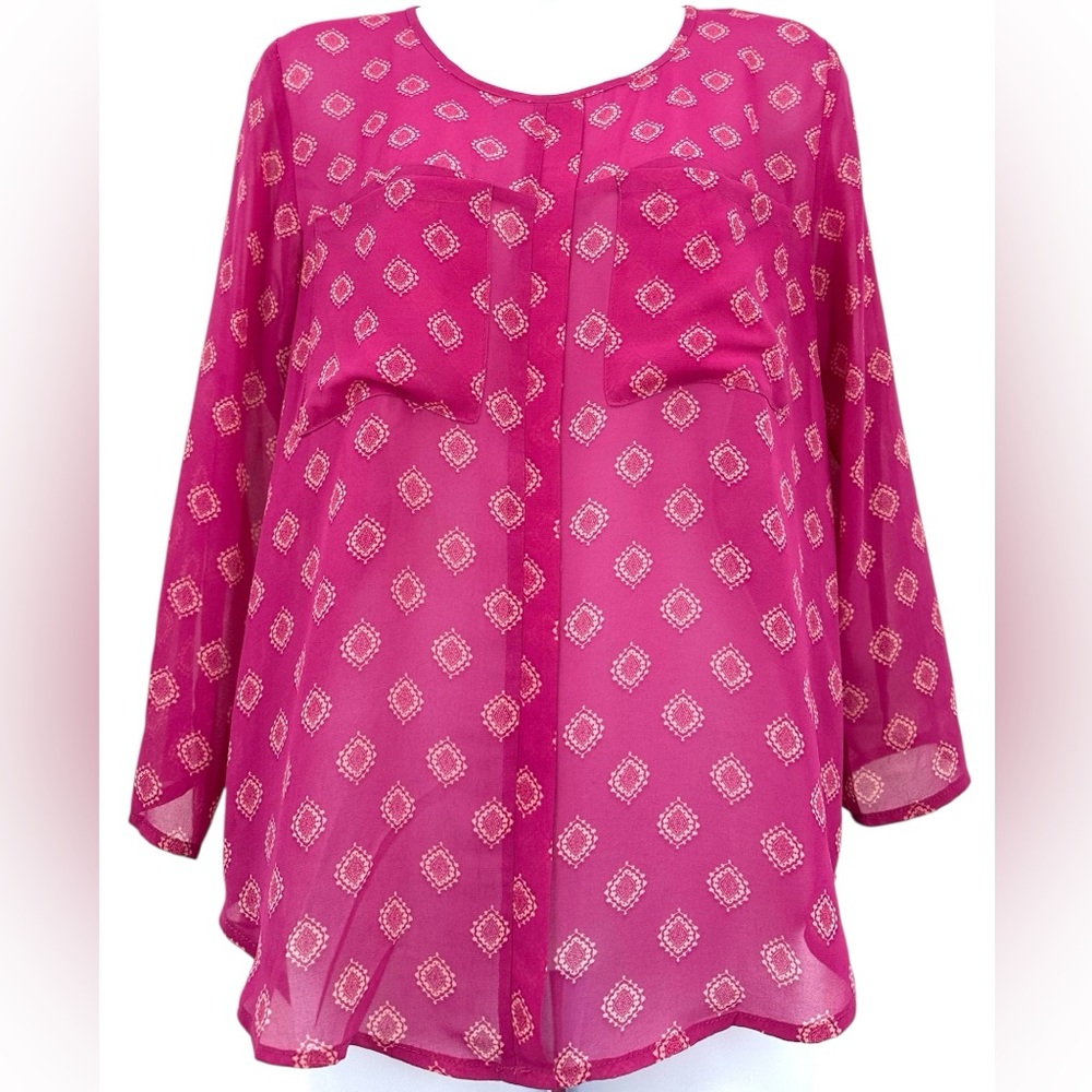 Papermoon Women’s Small Fuchsia Pink Sheer Chiffon 3/4‎ Roll Tab Sleeve Blouse